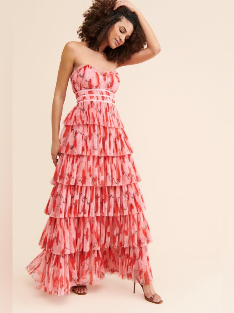 Hutch Pink Red Print Tiered Monaco Strapless Gown